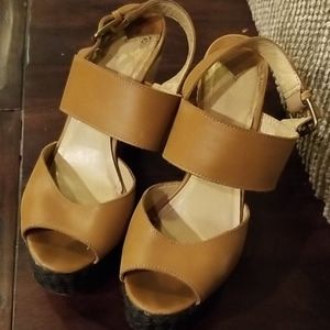 Nine West Leather and Raffia Wedge, 5 1/2 " wedge